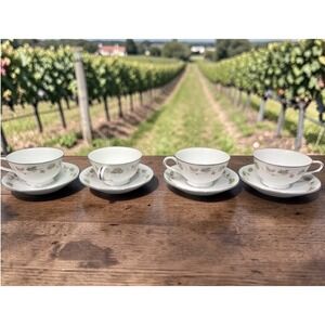 Noritake Vineyard Cup & Saucers, Set of 4, Vintage Brown and Green Leaves Border
